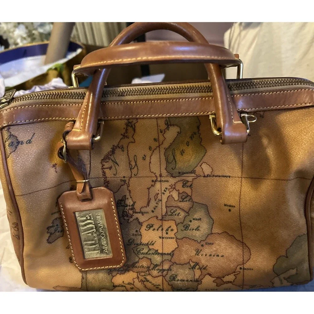 Alviero Martini World Geo Map Boston Satchel Italy canvas cognac leather good!
